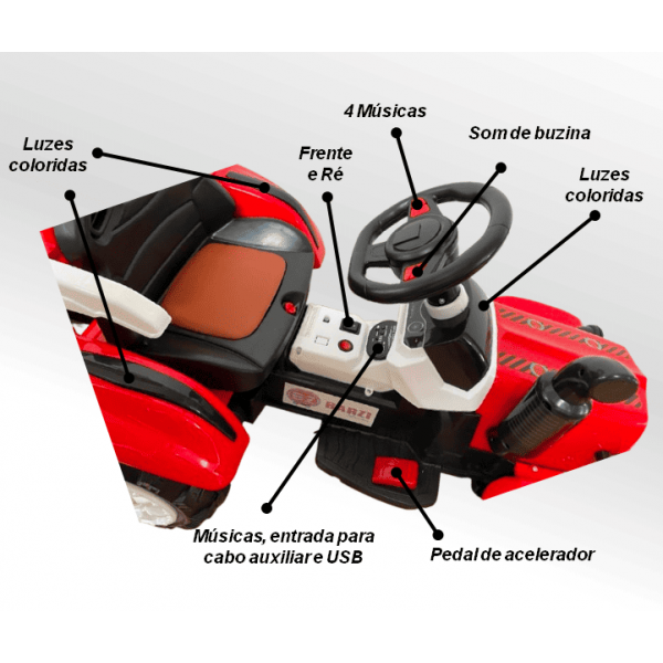 Trator Elétrico Infantil com Carreta 2 Motores Vermelho BARZI MOTORS