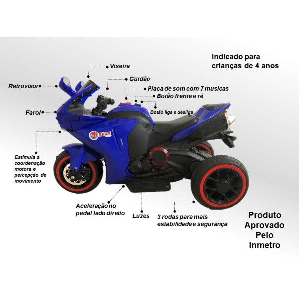 Moto Elétrica Infantil Triciclo Elétrico BZ R6 com Ré, 2 Baterias Músicas e Farol BARZI MOTORS 
