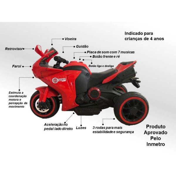 Moto Elétrica Infantil Triciclo Elétrico BZ R6 com Ré, 2 Baterias Músicas e Farol BARZI MOTORS