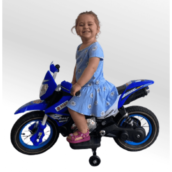 Moto Elétrica Infantil Motocross BZ Azul Rodinhas de Apoio, Música e Farol