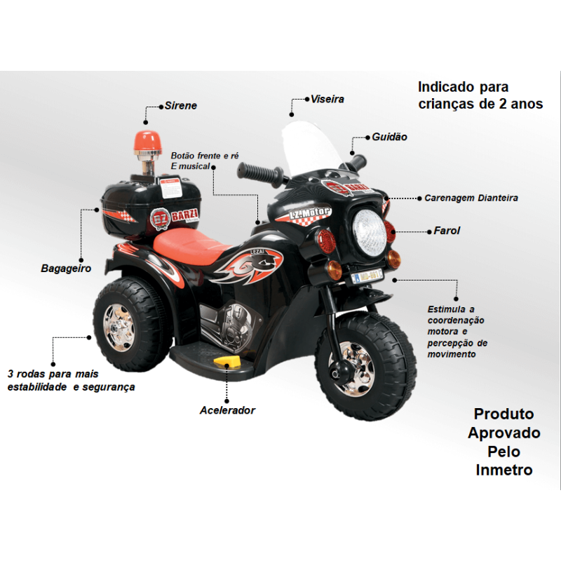 Moto Elétrica Infantil BZ R1 12V Vermelha com Rodinhas de Apoio, Música e  Luzes BARZI MOTORS